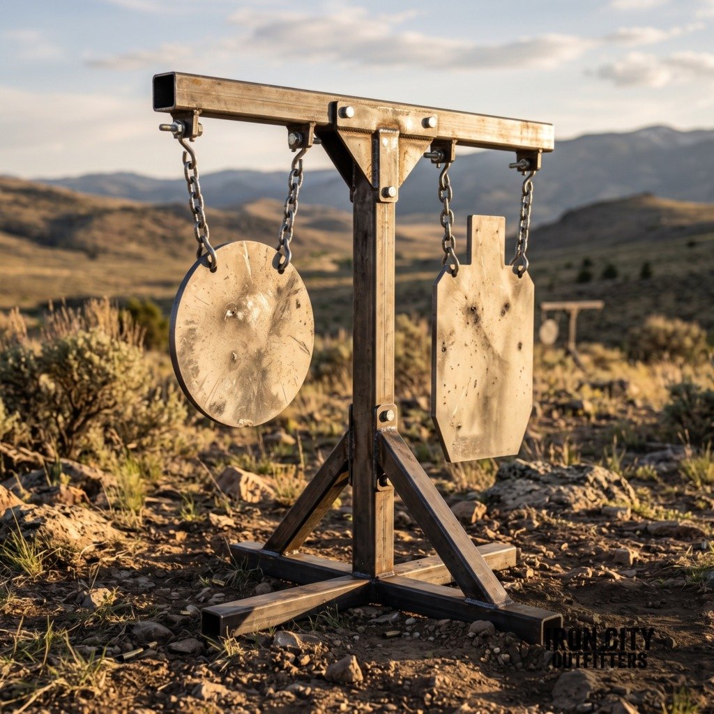 Portable A-frame conduit stand with 3/8 inch AR500 steel gong and silhouette target, chains sleeved for dampening, backcountry range at golden hour