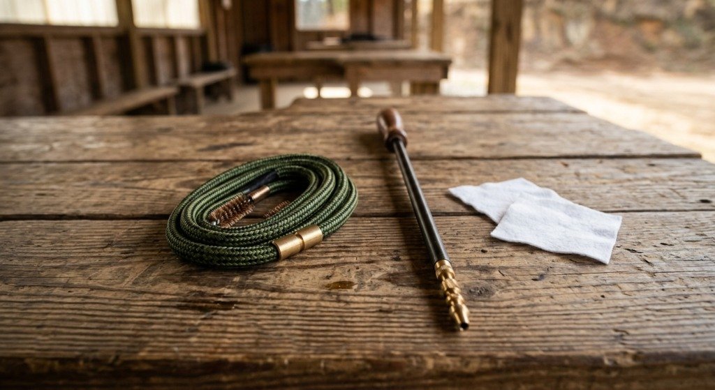 A coiled bore snake cleaning tool and a traditional cleaning rod with jag laid side by side on a wooden range bench