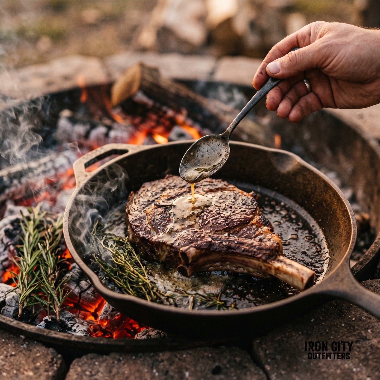 Cast-Iron Skillet Searing Over Hardwood Coals: Bone-In Ribeye in Charred Herb Tallow
