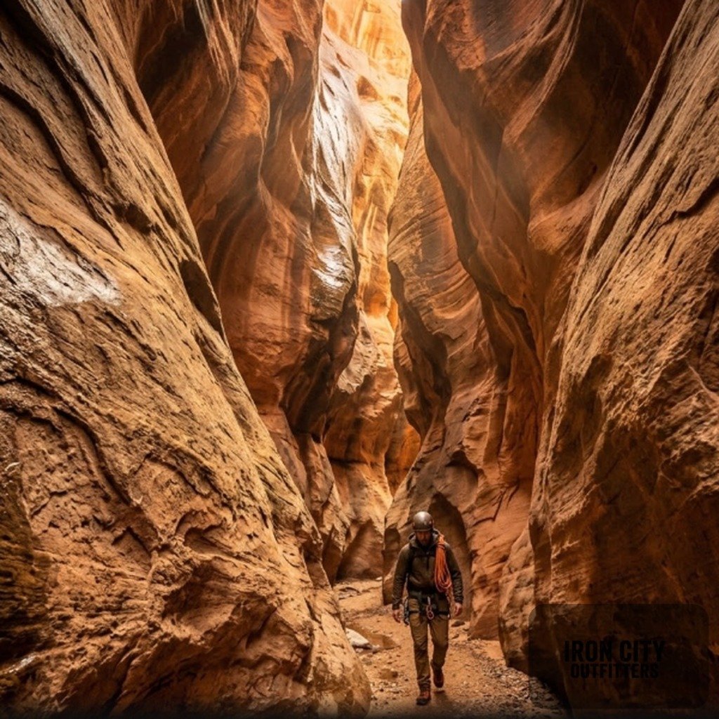 Lone canyoneer walking through the sandstone slot of Neon Canyon toward the Golden Cathedral, Escalante, Utah, at sunrise