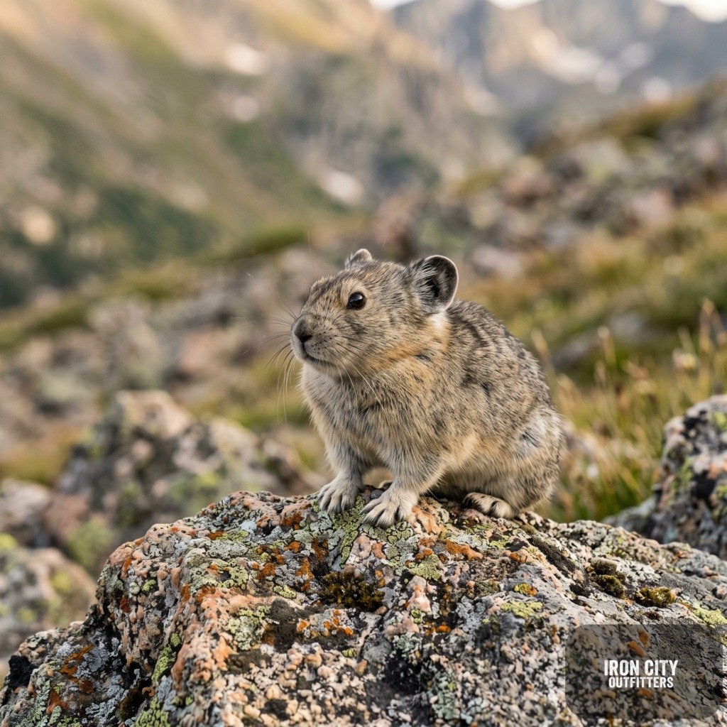 American pika perched on lichen-covered talus rock, alpine golden-hour light, Iron City Outfitters