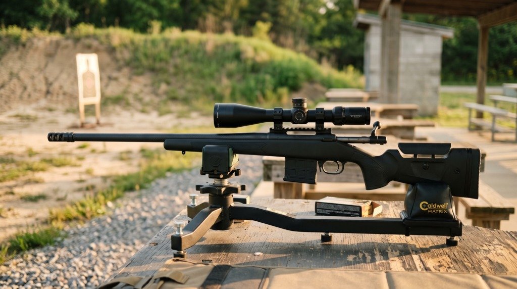 A rifle with a mounted scope resting on a shooting bench rest at an outdoor range, paper target downrange in soft focus, warm late-afternoon light.