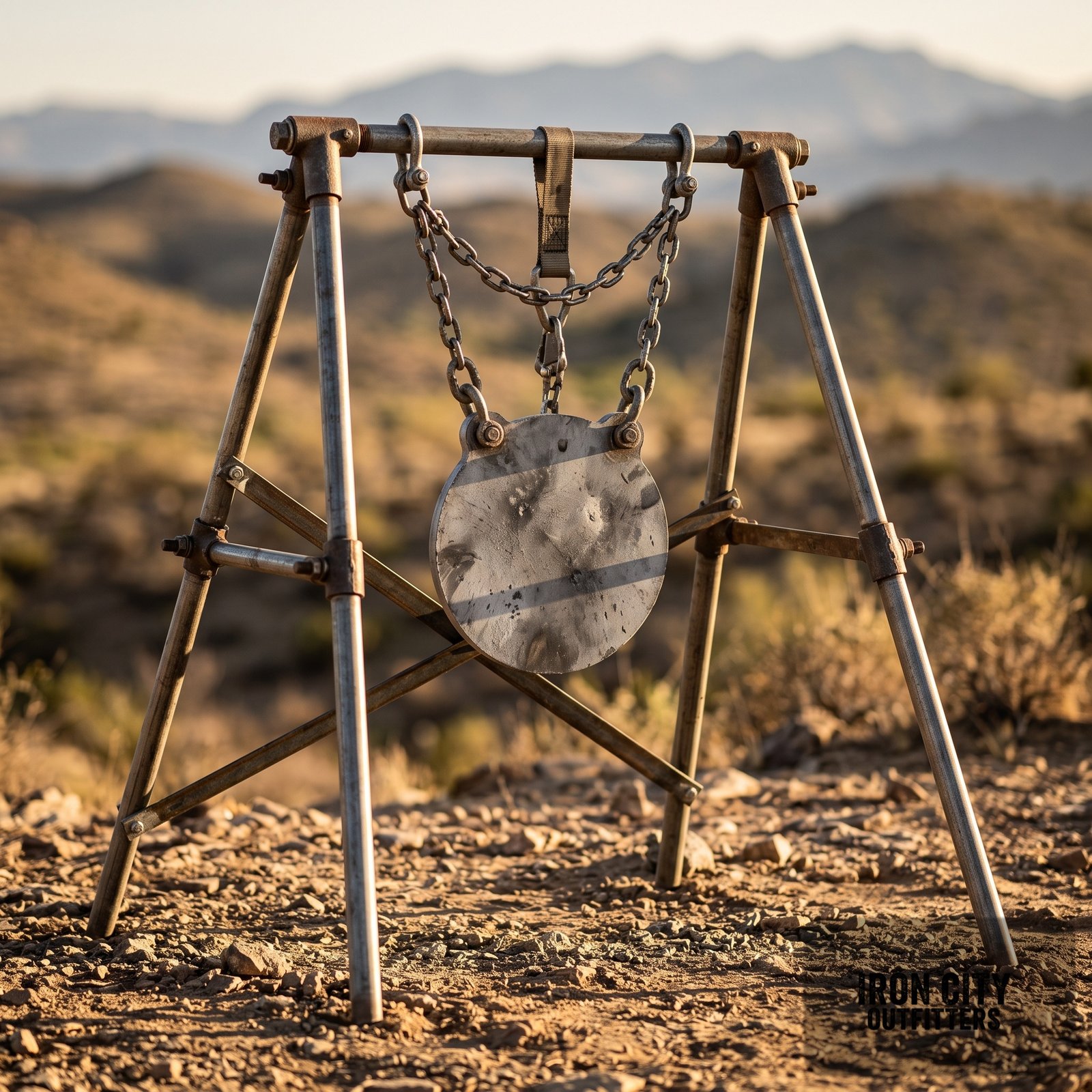 Hanging Steel, Not Bolted Steel: Tripod Geometry, Chain-vs-Strap Dampening, and Pistol-Caliber Standoff Distances