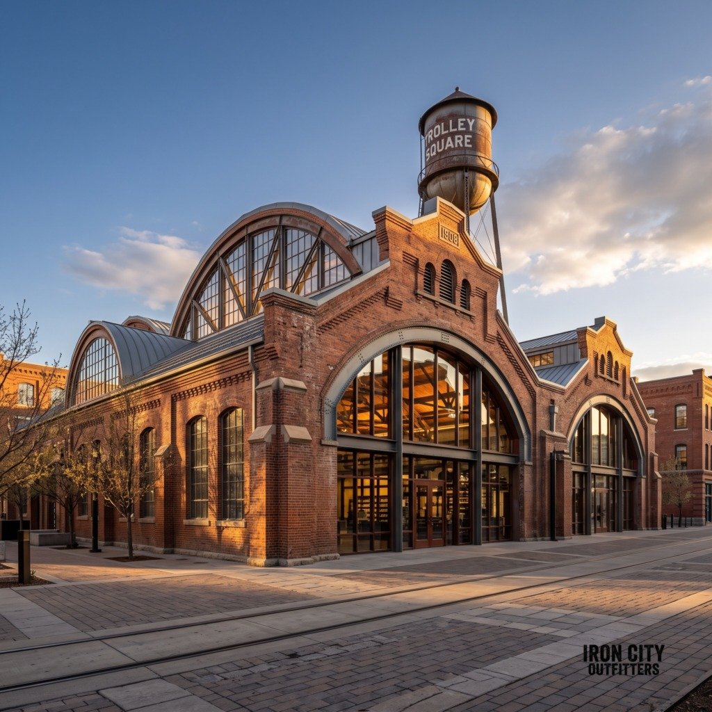 Historic brick barrel-vaulted trolley barns at Trolley Square in Salt Lake City, Utah, lit by late-afternoon sun